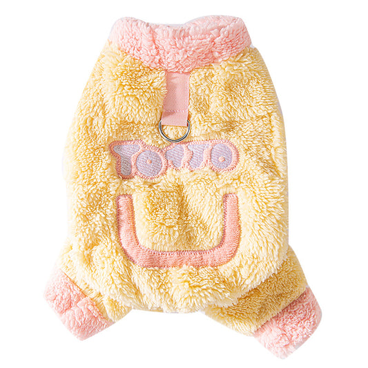 Cozy plush dog sweater with hanging leash for winter walks