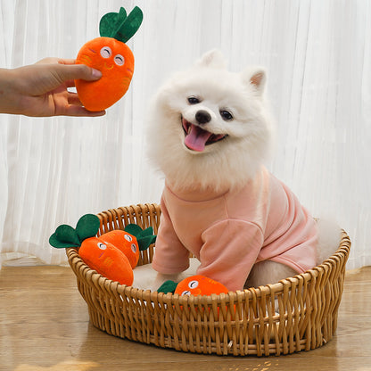 Durable cute radish puppy toy that resists biting and makes a sound for interactive play.
