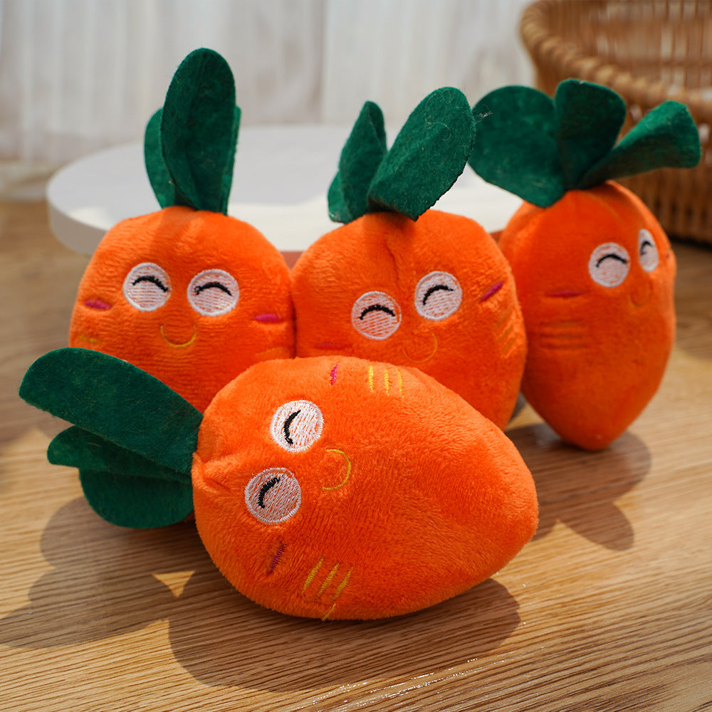 Durable cute radish puppy toy that resists biting and makes a sound for interactive play.
