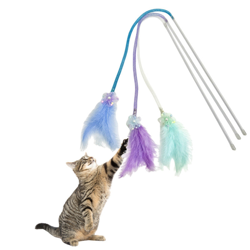 Hand-held feather cat teasing stick toy for cats